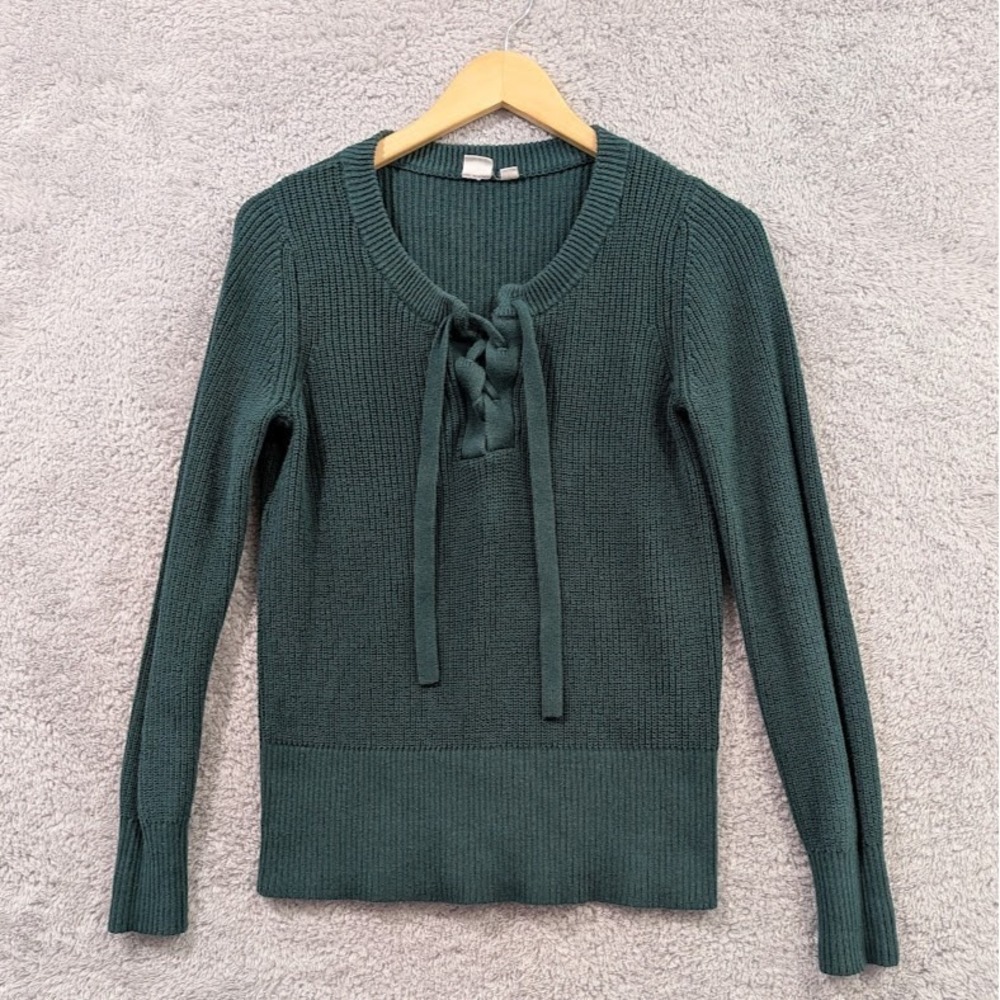 Gap Women's Medium Green Lace Up Shaker Stitch 100% Cotton Pullover Sweater